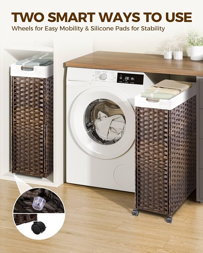 Greenstell Laundry Hamper with Wheels & Handles, 26.4 Gallon (100L) Slim Laundry Basket with 2 Removable Liner Bags & 2 Mesh Bags, Foldable Narrow Clothes Hamper for Bedroom, Bathroom, Closet, Brown - Image 2