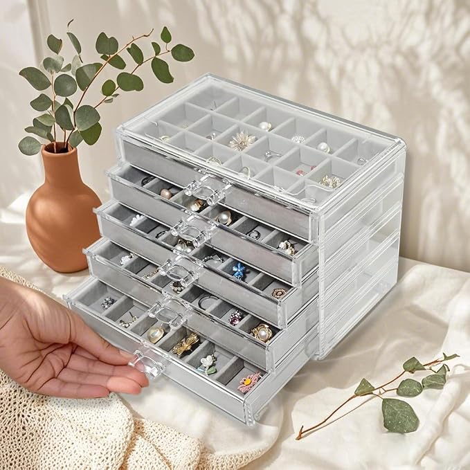 Acrylic Earring Holder Organizer with 5 Drawers Clear Earring Organizer Box with 90 Adjustable Grids Velvet Earring Display Case Jewelry Organizer for Earrings Rings Studs (Grey) - Image 2