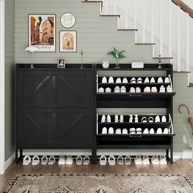 GRUSIGN Shoe Cabinet, Shoe Storage Cabinet with 2 Flip Drawers & Adjustable Shelf, Space-Saving Shoe Organizer – Holds 16+ Pairs, Narrow Shoe Cabinet Storage for Entryway/Hallway（Black） - Image 6