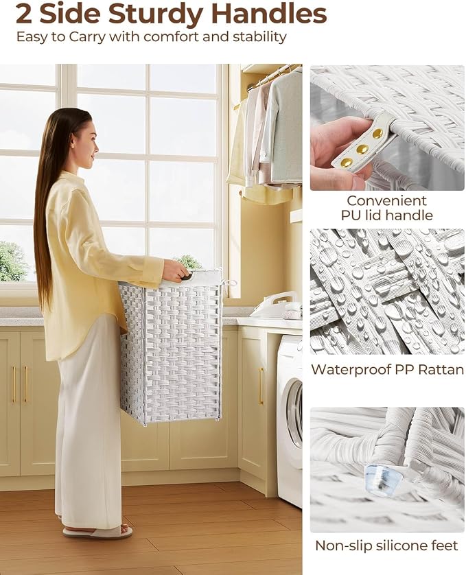 Greenstell Laundry Hamper with 2 Removable Liner Bags，90L Divided Clothes Hamper, Handwoven Synthetic Rattan Foldable Laundry Basket with Lid and Handles White (18.5 x 13.3 x 24.0Inches) - Image 4