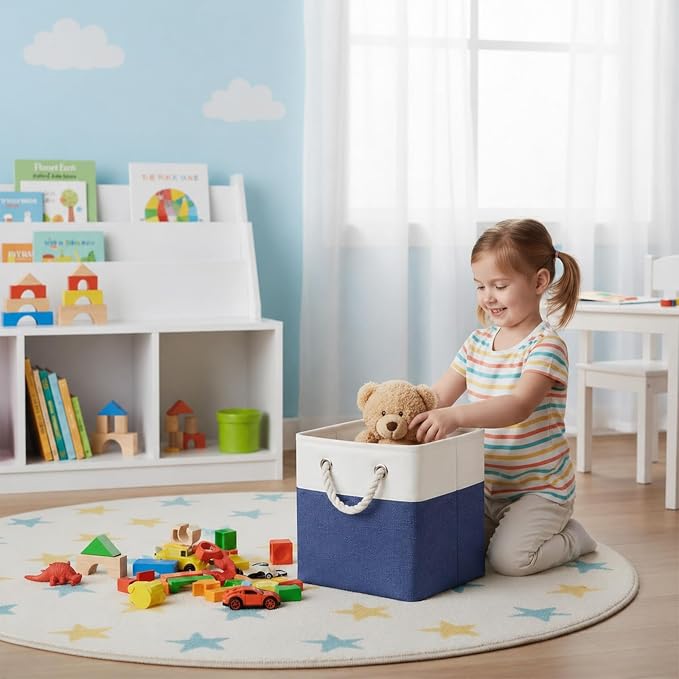 Cube Storage Bins, Collapsible Fabric Storage Cubes Bins, 11 Inch Cube Storage Bins with Handles, Foldable Storage Cubes (White/Navy, 6Pack) - Image 5