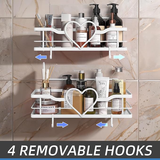 White Shower Caddy with 4 Removable Hooks, 2 Pack Sweet Heart Shower Shelves,No Drilling Adhesive Organizer Shelf for Bathroom Shower,Kitchen,Bedroom - Image 4