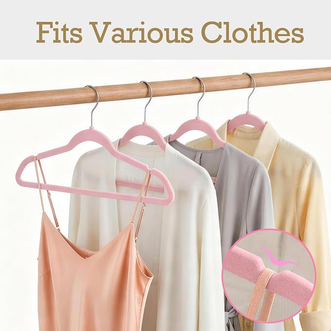 HOUSE DAY Lt Pink Velvet Hangers 60 Pack, Non Slip Clothes Felt Hanger Heavy Duty for Coat, Premium Slim Space Saving Suit Hangers for Closet Organizer, 360° Rotating Silver Hook - Image 5