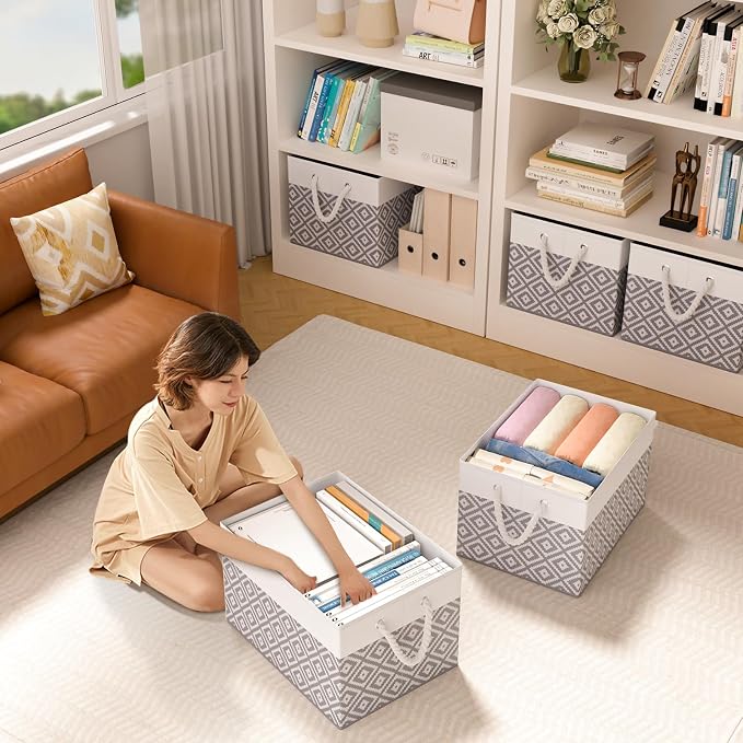 StorageTastic Storage Bins, 6-Pack Large Storage Box with Rope Handles, Collapsible Storage Basket for Organizing Books,Clothes,Rhombic Grey - Image 5
