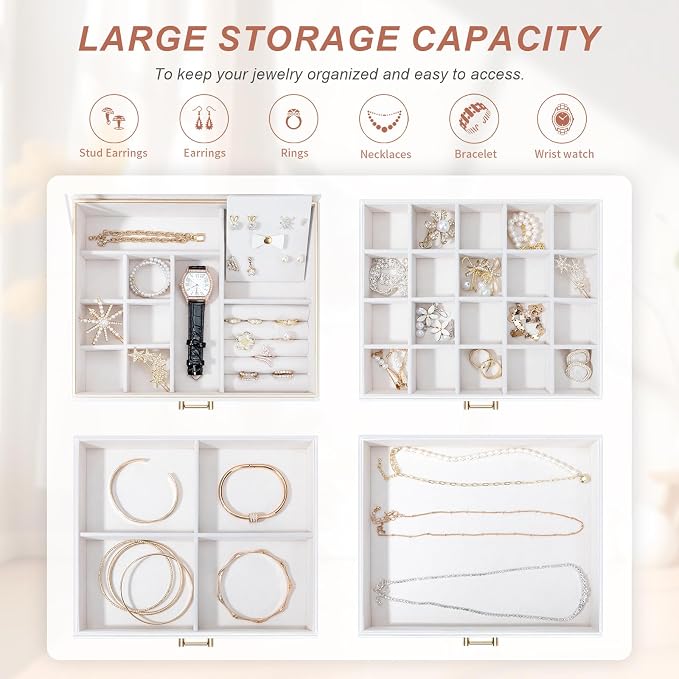 Jewelry Box for Women,4-Layer Leather Jewelry Holder Organizer with 3 Drawers Large Jewelry Storage Boxes, Lots of Storage Space For Ring,Necklace,Bracelets,Earring（White） - Image 4