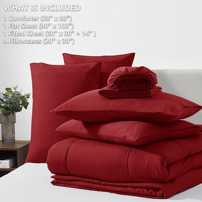 CozyLux Queen Comforter Set Dark Red, 7 Pieces Bed in a Bag, Red Comforters Queen Size, All Season Bedding Sets with Stitch Quilted Comforter, Flat Sheet, Fitted Sheet, Pillowcases