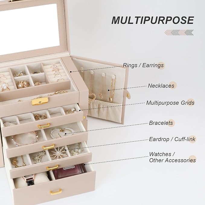 Jewelry Box for Women, 5-Layer Jewelry Organizers Box, Large Jewelry Storage Box for Girls, Jewelry Holder Organizers Gift for Valentine's Day, Christmas (Apricot) - Image 6