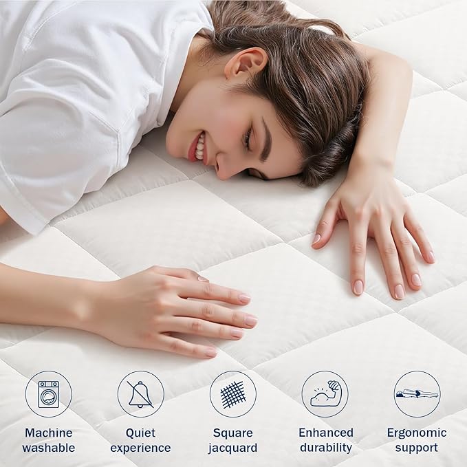 OLANLY Cal King Quilted Fitted Mattress Pad, Elastic Fitted Mattress Topper, Cooling Soft Mattress Cover Stretches up to 21 Inches Deep, Machine Washable Mattress Protector (72x84 inch, Off White)