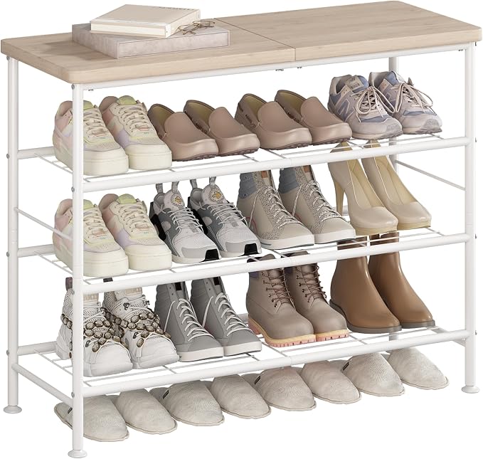 SUOERNUO Shoe Rack Organizer 4 Tier for Closet Entryway Free Standing Metal Storage Shoe Shelf with MDF Top Board，White+Oak by SUOERNUO