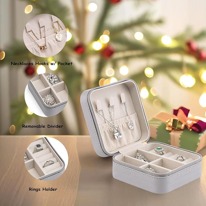Vlando Small Travel Jewelry Box Organizer Display Case for Girls Women Gift Rings Earrings Necklaces Storage, Light Grey - Image 3