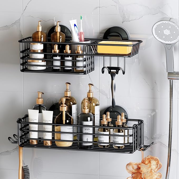 LEVERLOC Shower Caddy Suction Cup, 2 Pack Shower Shelves for Inside Shower with Hooks & Soap Holder, NO-Drilling Bathroom Shower Organizer, Rustproof Meatl Shower Holder Storage, Black - Image 10