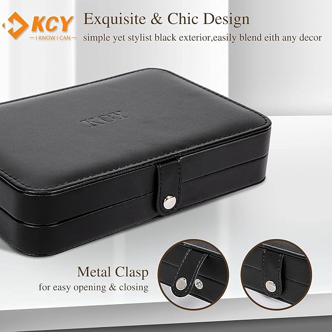 KCY Travel Jewelry Organizer Box for Women Girls, Small Travel Jewelry Case, PU Leather Portable Jewellery Storage Boxes Display Holder for Ring Earrings Necklace Bracelet Bangle, Gifts, Black - Image 2