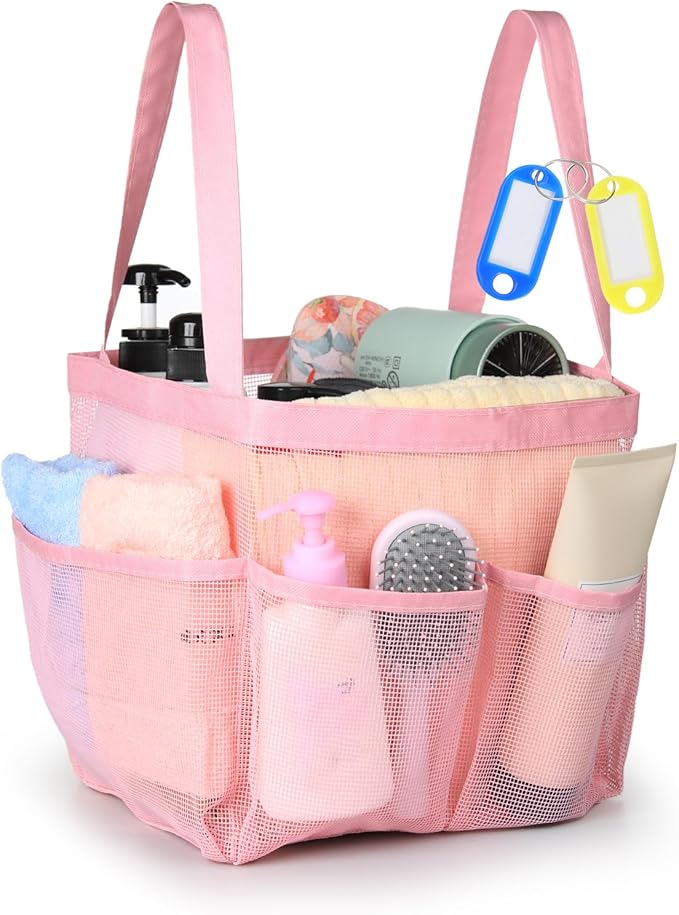 Temede Mesh Shower Caddy Tote, Large Shower Caddy Basket Portable, Quick Dry Hanging Toiletry Bag, 8 Storage Pocket Bath Organizer for College Dorm, Gym, Camp, Travel (Pink) by Temede