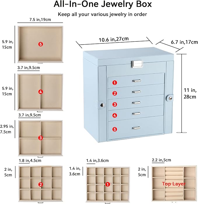 Frebeauty Large Jewelry Box,6-Tier PU Leather Jewelry Organizer,Multi-functional Storage Case with Mirror,Accessories Holder with 5 Drawers for Necklace Bracelets Watches(Sky Blue) - Image 3