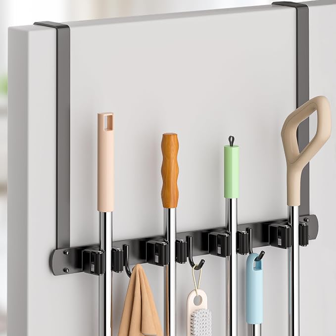 Broom Holder Over The Door - 304 Stainless Steel Mop and Broom Holder Wall Mounted or Hanging Over The Door with Hooks - Broom Hanger, Broom Storage Tool Organizer for Garage Closet Laundry by PrimZootyDesign