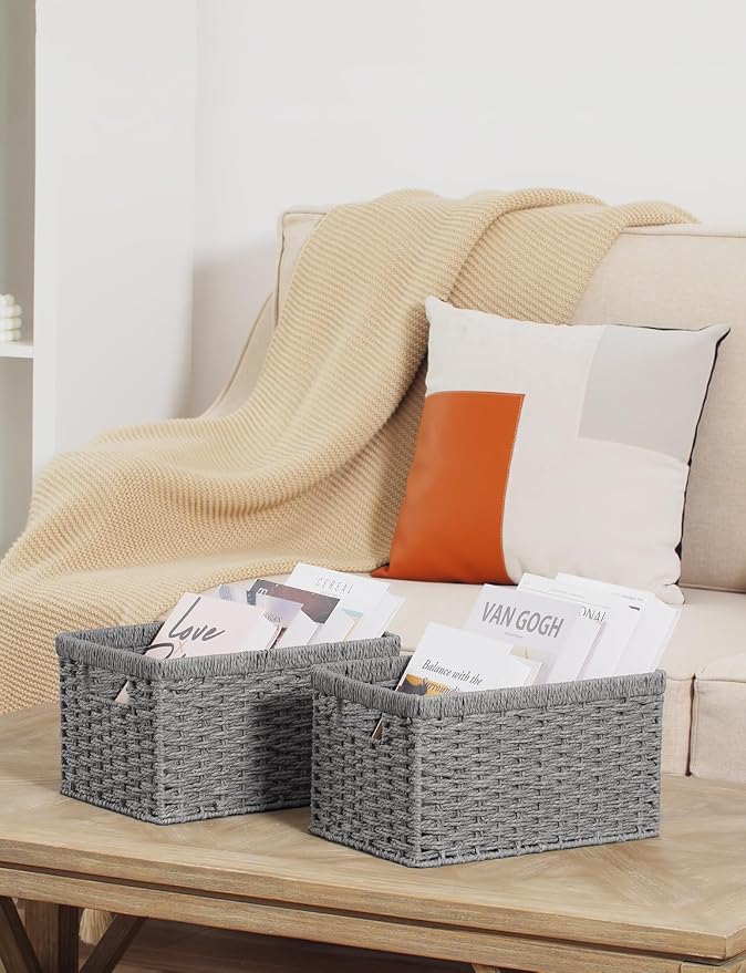StorageWorks Round Paper Rope Storage Baskets, Rectangular Wicker Baskets with Built-in Handles, Gray, 2-Pack - Image 5