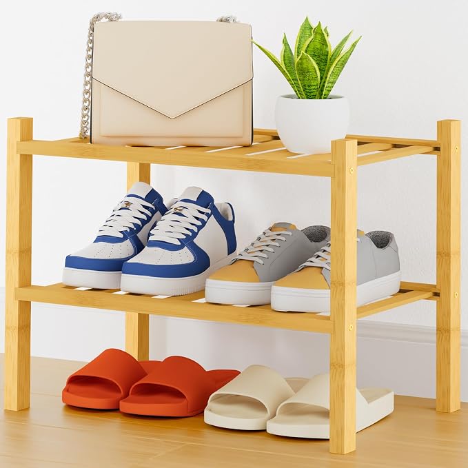 Smiry Shoe Rack, 2 Tier Thick Small Bamboo Shoe Organizer, Stackable Free Standing Wooden Shoe Storage Shelf for Closet, Entryway, Front Door Entrance, Natural by Smiry