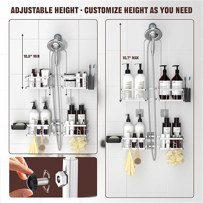 REINHARDT Adjustable Shower Caddy Hanging Rustproof Shower Caddy for Handheld Showerheads, Shower Organizer with Hooks Soap Holder, Anti-Swing Shower Rack Bathroom Accessories, Silver - Image 2