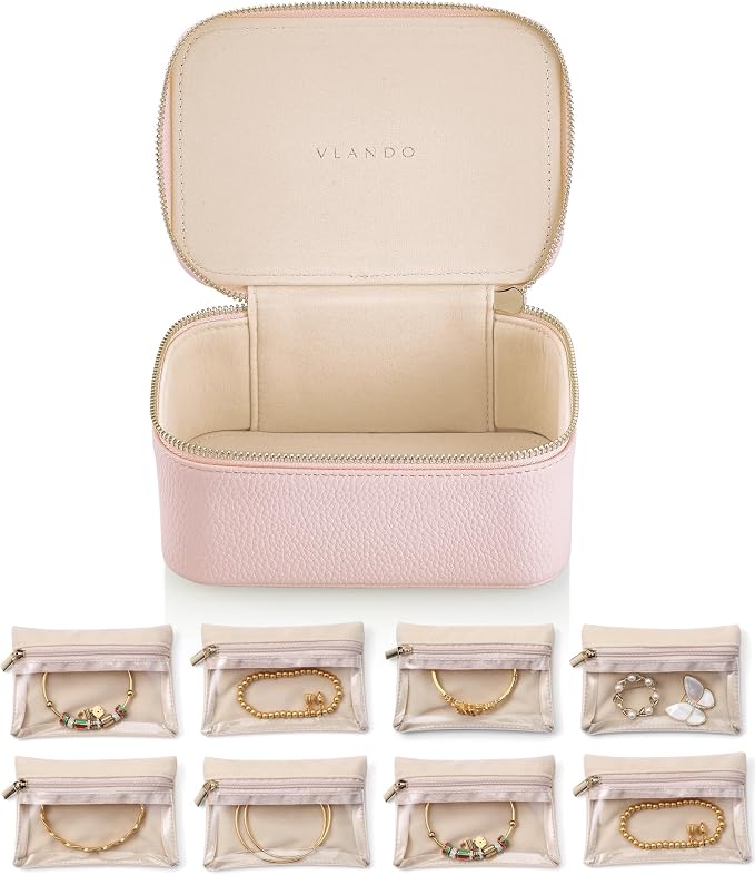 VLANDO Jewelry Travel Case,Gifts for Women,Travel Jewelry Organizer with Clear Velvet Jewelry Bags 8Pcs Zipper Pouch for Women Girl Gift-Pink by VLANDO