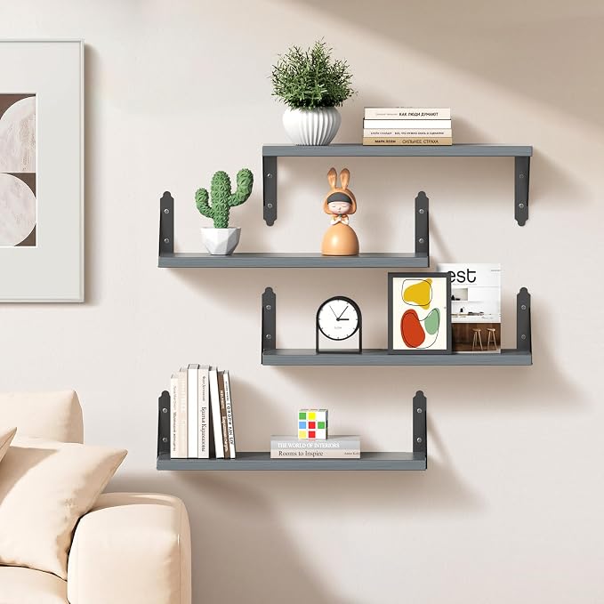 ROMGUAR CRAFT Wood Floating Shelves Set of 4, Rustic Storage Decor Wall Shelves, Wall Mounted Shelf for Living Room, Bedroom 17" x 6", Grey - Image 2