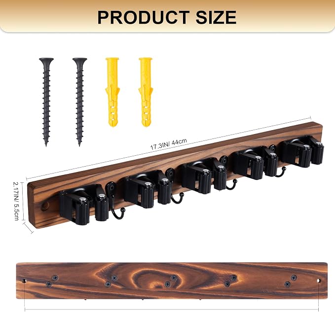 FunCee Broom Holder Wall Mount With 5 Slots & 4 Hooks，Rustic Wood Broom & Mop Hanger，Wall Mounted Garden & Garage Tool Storage Organizer Rack for Closet Laundry Room or Kitchen Wall Decor - Image 8