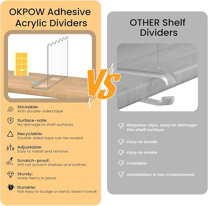 OKPOW Shelf Dividers Purse Organizer for Closet, 10" Tall X 12" Deep, Acrylic Clear, Sturdy Separators for Purse Clothes, Easy Install, Adjustable, Maximize Bedroom Space for Home Organizer, 12 Pack - Image 6
