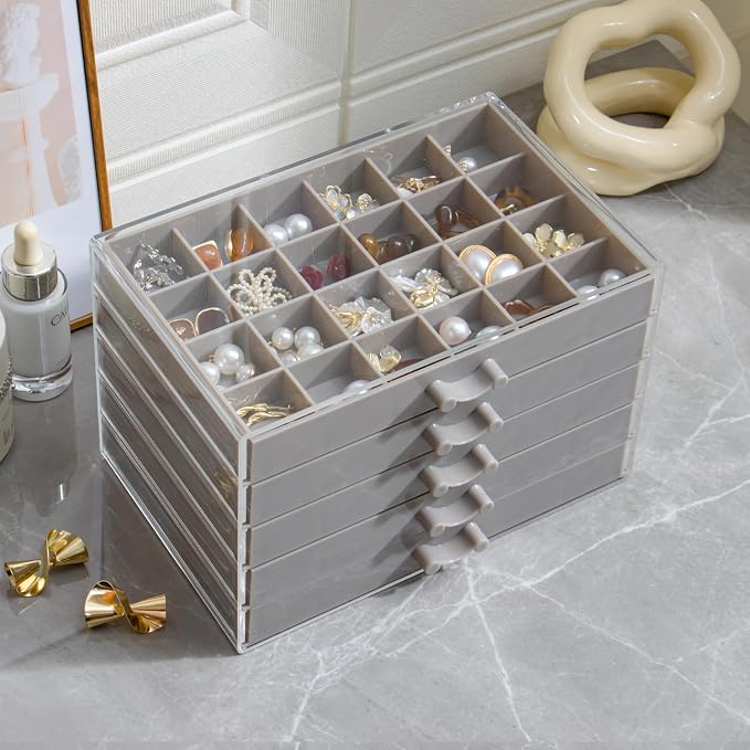 YUFONG Earring Storage Box Organizer, Acrylic Jewelry Storage Box Holder 5 Drawers Transparent Jewelry Display Stand with 120 Small Compartments Gift Boxes for Women Girls (Gray) - Image 5