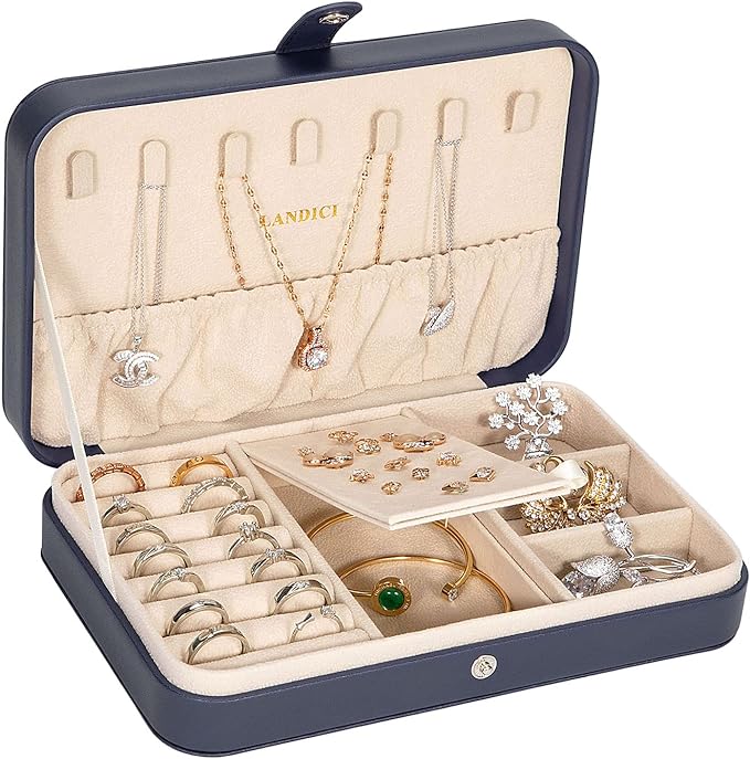 LANDICI Small Jewelry Box for Women Girls, PU Leather Travel Jewelry Case, Portable Jewelry Organizer Storage Holder Display for Ring Earrings Necklace Brooch Men Kids Gift, Dark Blue by LANDICI