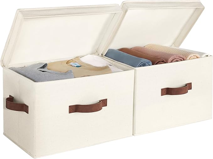 StorageWorks Fabric Storage Bins with Lid, Decorative Storage Boxes for Shelves, Stackable Closet Organizer Basket with Handles, Large, Ivory White, 2-Pack by StorageWorks