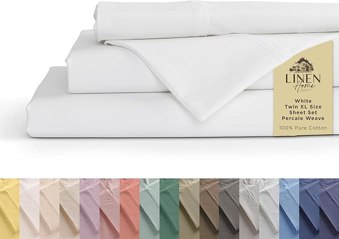 Linen Home 100% Cotton Percale Sheets Twin XL Size, White, Deep Pocket, 3 Pieces Set - 1 Flat, 1 Deep Pocket Fitted Sheet and 1 Pillowcase, Crisp Cool and Strong Bed Linen