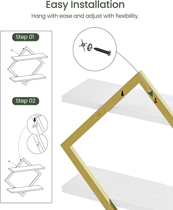 CHOEZON Floating Shelves for Wall, Set of 2 Wall Mounted Shelves, 2-Tier Hanging Shelves, for Living Room, Bedroom, Kitchen, Office, Study, Gold and White TBJ01P2JW - Image 4