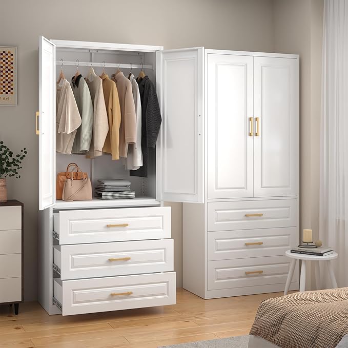 SteeLoong 71" Metal Armoire Wardrobe Closet with 3 Drawer，Tall Clothing Storage Cabinet with Adjustable Shelves and Hanging Rod,White Wardrobe Closet for Bedroom,Home,Office,Gym