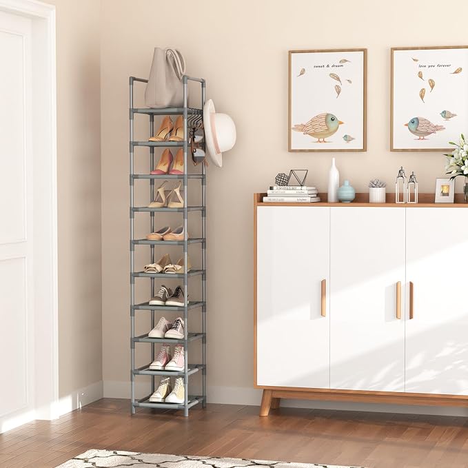 LANTEFUL Narrow Shoe Rack 10-Tier Tall Shoe Organizer Skinny Shoe Shelf Storage for 10-15 Pairs Shoe and Boot, Space Saving Corner Shoe Rack Organizer for Closet, Entryway, Living Room, Grey - Image 2