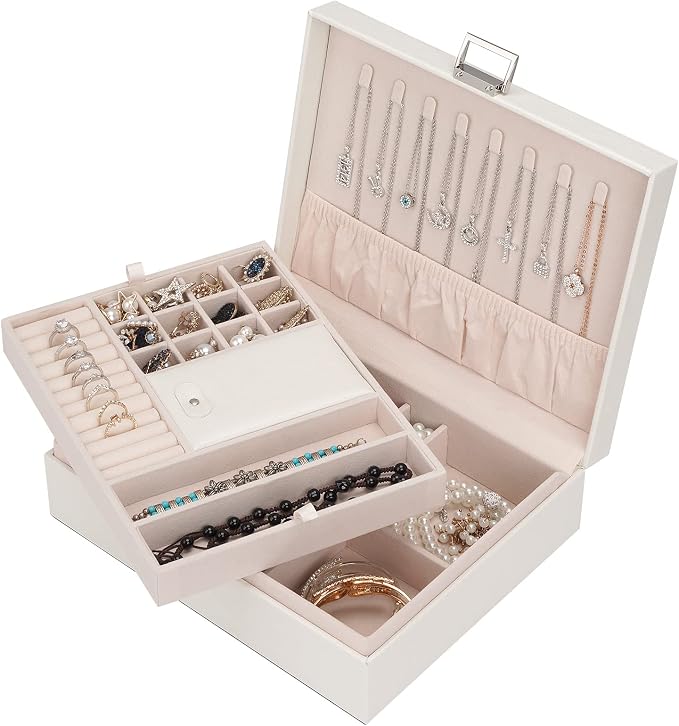 Jewelry Organizer Box for Girls Women - Double Layer Large Travel Jewelry Case with Gift Box/White by ATAIMEISEN