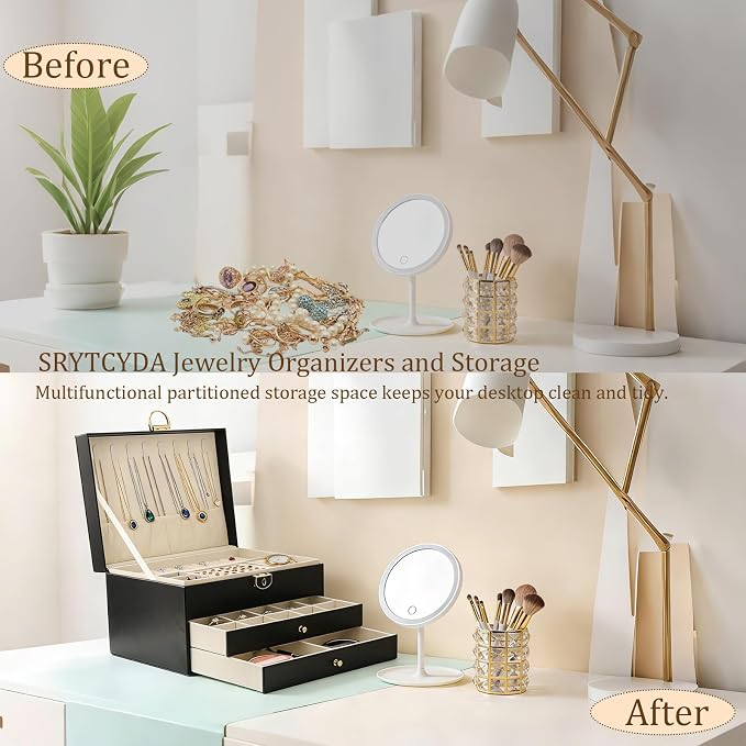SRTCYDA Jewelry Box for Women, Large PU Leather jewelry organizers and storage, 3-Layer Jewelry Storage with 2 Drawers, Space-Saving Design for Vanity, Holds All Types of Jewelry (Black) - Image 3