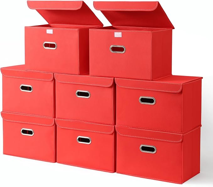 STOREONE Fabric Storage Cube Bins Foldable Organizer Container Collapsible Basket with Lids and Metal Handles, for Home, Bedroom, Closet 8 Pcs (Red) by STOREONE