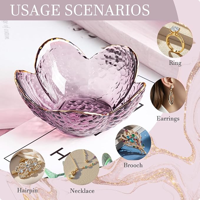 Purple Flower Jewelry Dish Glass Ring Holder Dish Jewelry Tray Cute Vanity Organizer Aesthetic Nightstand Bathroom Room Decor Trinket Dish Mothers Day Friendship Christmas Birthday Gifts for Women - Image 5