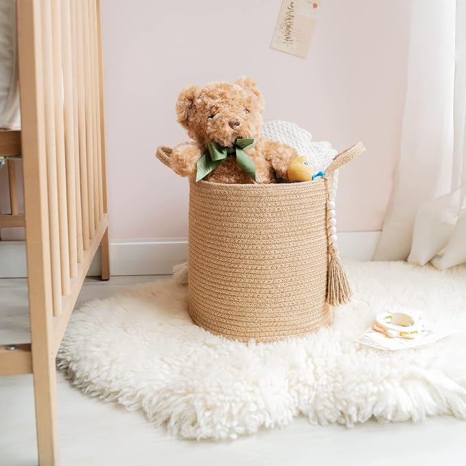 Mkono Woven Storage Basket Decorative Natural Rope Basket Wooden Bead Decoration for Blankets,Toys,Clothes,Shoes,Plant Organizer Bin with Handles Living Room Home Decor (Brown, 28 x 28cm) - Image 7