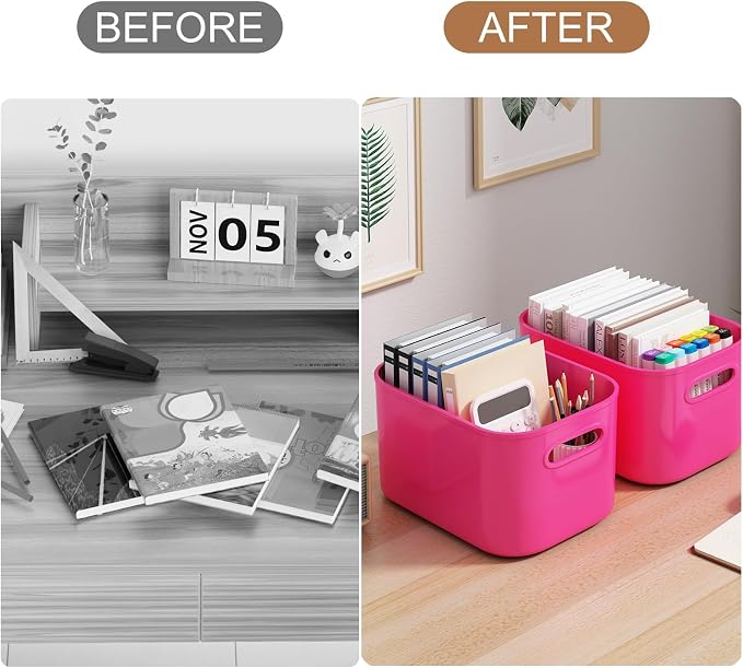 ORGIDOL 8 Pack Pink Storage Bins with Lids Stackable Storage Container for Organizing, Storage Boxes with Handle for Shelves, Cute Storage Bin for Craft, Snacks, 9.85x6.9x5.7 inch - Image 7