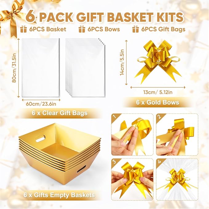 AFOROEOA 6PACK Gold Baskets for Gifts Empty, 12x10x4” Thick Cardboard Gift Basket Kit with 6 Bows & 6 Bags - Kraft Empty Gift Baskets for Christmas, Weddings, Birthdays, Holiday Gifting - Image 4