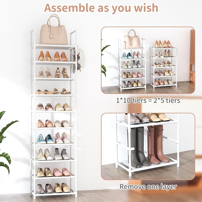 LANTEFUL 10 Tiers Tall Shoe Rack 20-25 Pairs Boots Organizer Storage Sturdy Narrow Shoe Shelf for Entryway, Closets with Hooks, White - Image 5