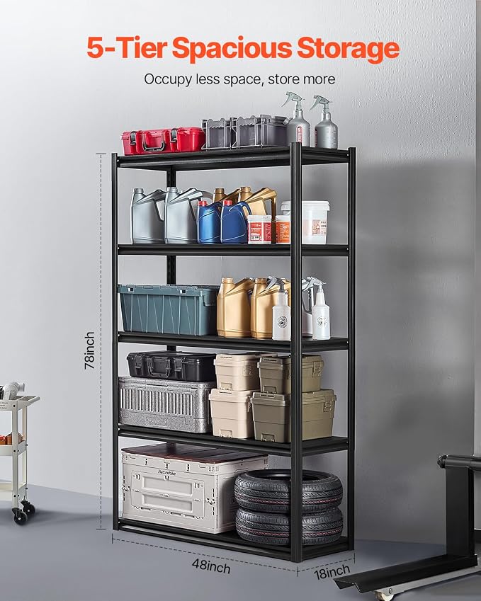 VEVOR Storage Shelves, 3000 lbs, 5 Tier Garage Storage Shelving, 18" D x 48" W x 78" H Adjustable Metal Shelves for Garage Shelves Utility Rack Shelf, Ideal for Kitchen, Warehouse, Basement, Black - Image 3