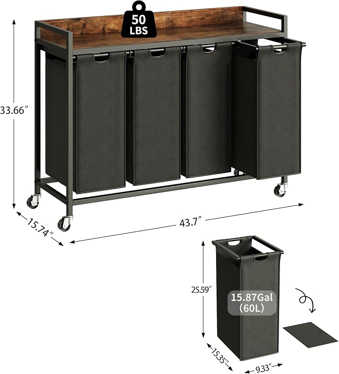 Herture Laundry Hamper with Shelf, Laundry Basket 4 Section, Laundry Sorter with Pull-Out Removable Large Bags and Movable Wheels, Metal Frame, 4 x 15.87 Gallons (60L), Rustic Brown + Black PF07XLY - Image 4
