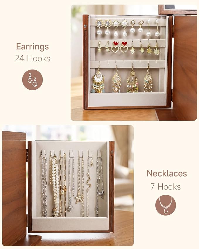 Black Walnut Wooden Jewelry Box Wood Jewelry Organizer with 2 Side Doors Mirror Lockable Classical Style for Watch Necklace Ring Earring Storage Mothers Day Gifts for Mom-5 Layer - Image 4