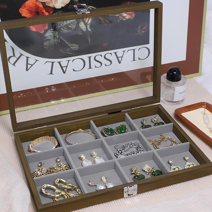 Stratalife Bracelet Organizer Wood Jewelry Box Vintage Jewelry Organizer Bangle Storage Tray with Clear Lid for Drawers Women 12 Grid - Image 5