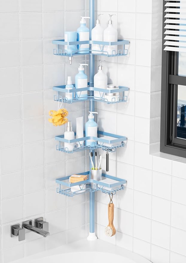 KEGII Shower Caddy Tension Pole, 4-Tier Rustproof Adjustable Corner Bathroom Organizer for Renters, 25–114.2 Inch No Drill Space-Saving Shower Storage Rack, Blue by KEGII