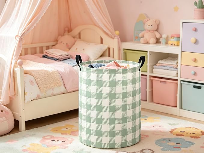 Baby Laundry Hamper kids laundry Basket Waterproof Laundry Bag for Bedroom Toy Clothes Organizer Room Décor(Green Checkered) - Image 5