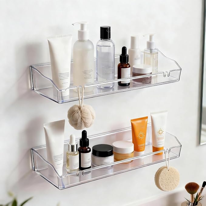 Clear Floating Shelves, Acrylic Shelves for Bathroom Organizers and Storage, Bathroom Shelf with Adhesive Shelf or Screws, Wall Mount Organizer for Shower Caddy,Room Decor, Kitchen, Living Room by clino