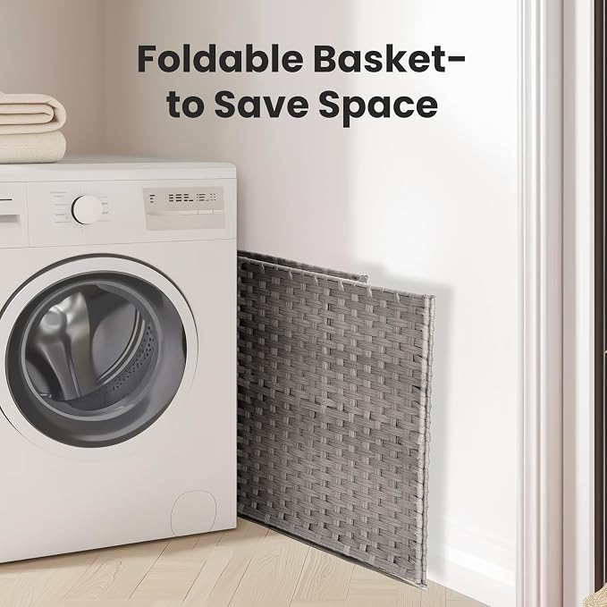 DUMOS Woven Laundry Basket with Lid, 90L Large Capacity Hamper, Removable & Machine-Washable Liner, Foldable Rattan Clothes Hamper, Sturdy Steel Frame, Odor Control, Dove Gray - Image 4