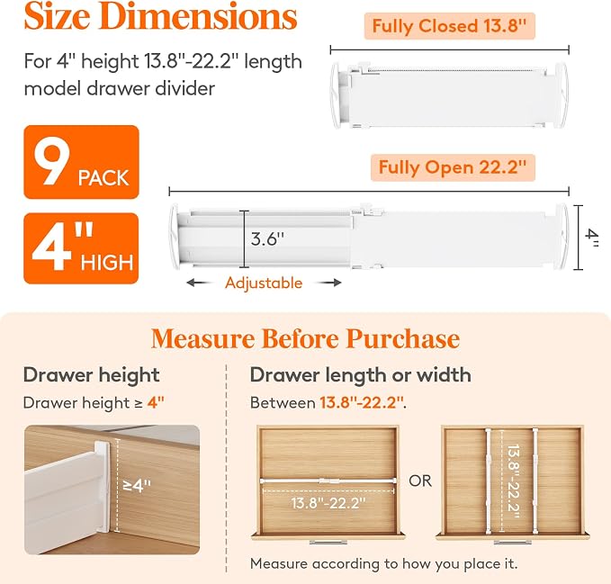 Lifewit 4" Tall 9 Pack Drawer Dividers, 35-56.5cm/13.8-22.2" Expandable Drawer Divider for Clothes, Adjustable Dresser Drawer Organizers, Drawers Separators for Dresser/Bathroom/Closet/Kitchen White - Image 2
